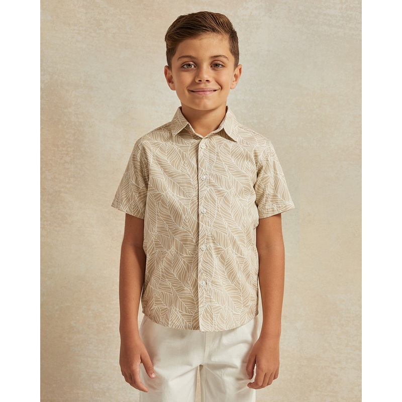 Boys Beige Leaves Printed Shirt And T-Shirt (2 Piece)