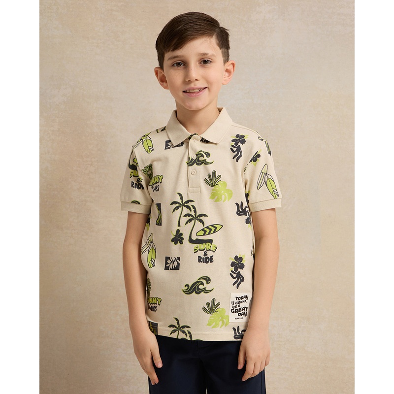 Boys Beige Printed Polo T-Shirt