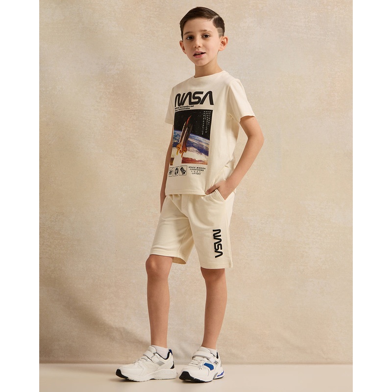 Boys Beige Printed T-Shirt With Shorts Set (2 Piece)
