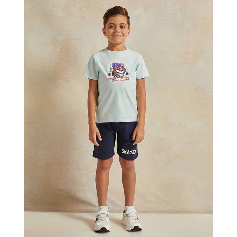 Boys Blue And Navy Printed T-Shirt With Shorts Set (2 Piece)