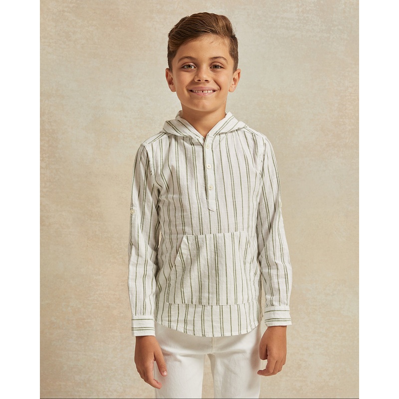 Boys Green Striped Long Sleeve Hooded Shirt