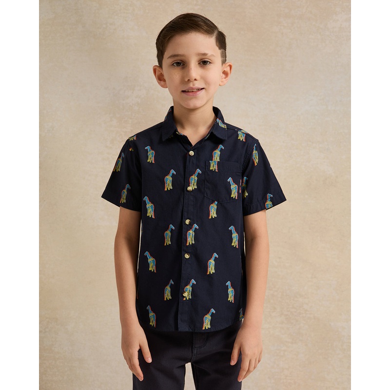 Boys Navy Giraffe Printed Shirt And T-Shirt (2 Piece)