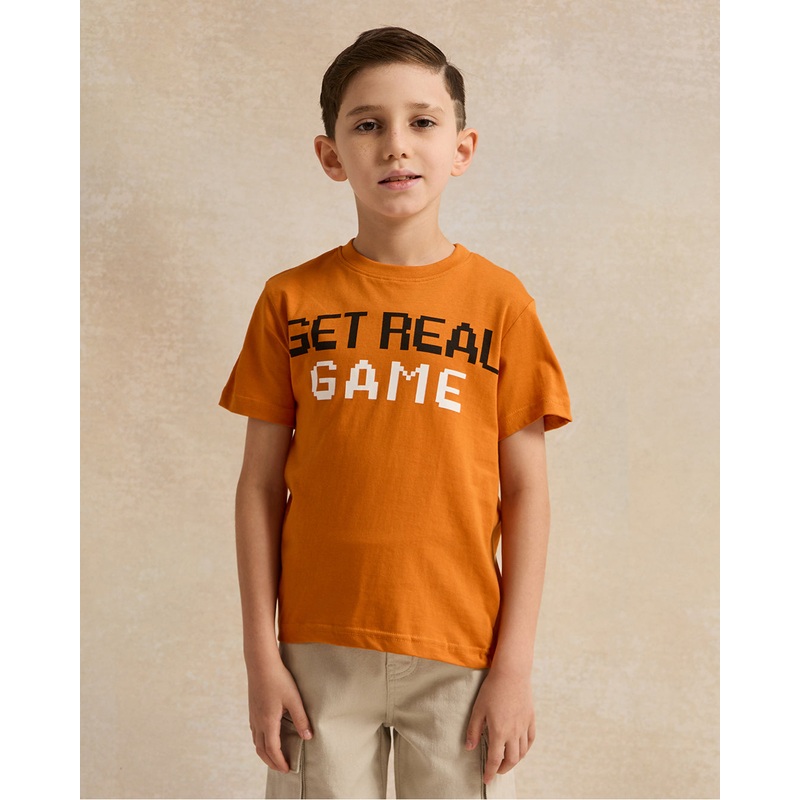 Boys Orange Printed  Basic T-Shirt