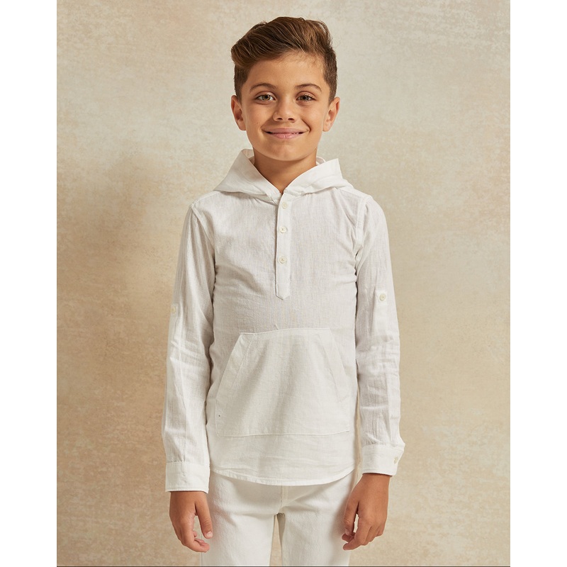 Boys White Long Sleeve Hooded Linen Shirt