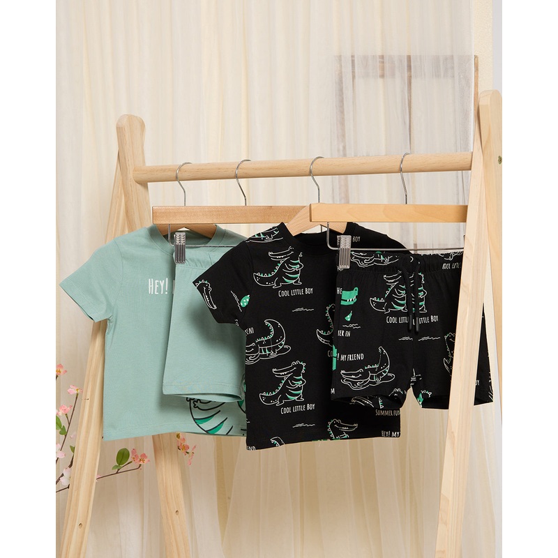 Infant Boys Black And Mint Printed T-Shirt And Short Set (4 Piece)