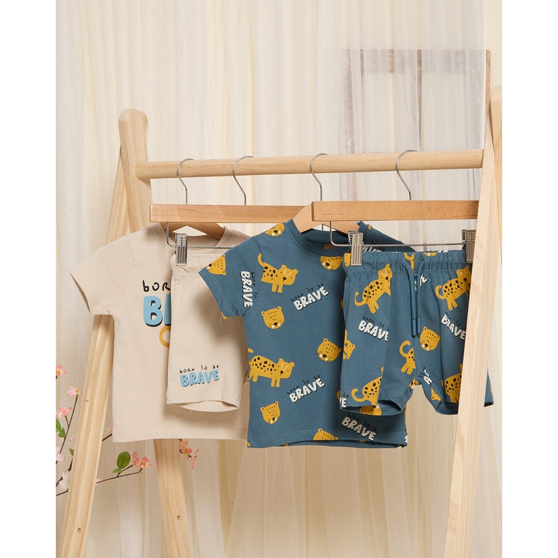 Infant Boys Blue And Beige Printed T-Shirt And Short Set (4 Piece)