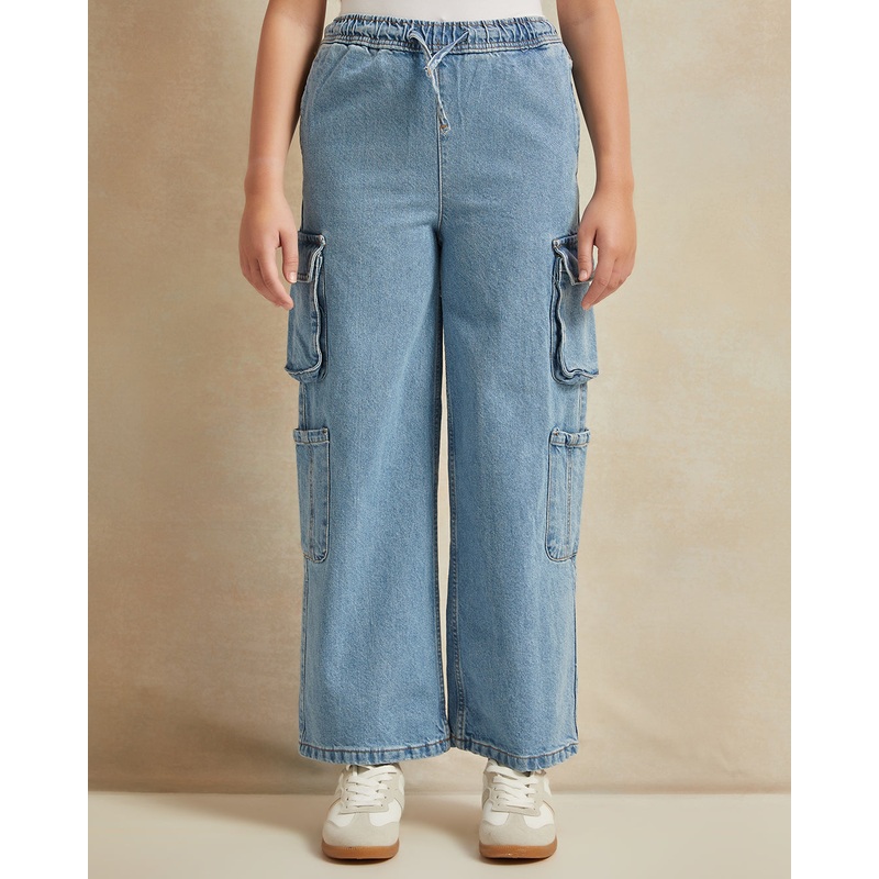 Senior Girls Blue Wide Leg Pants With Cargo Pocket