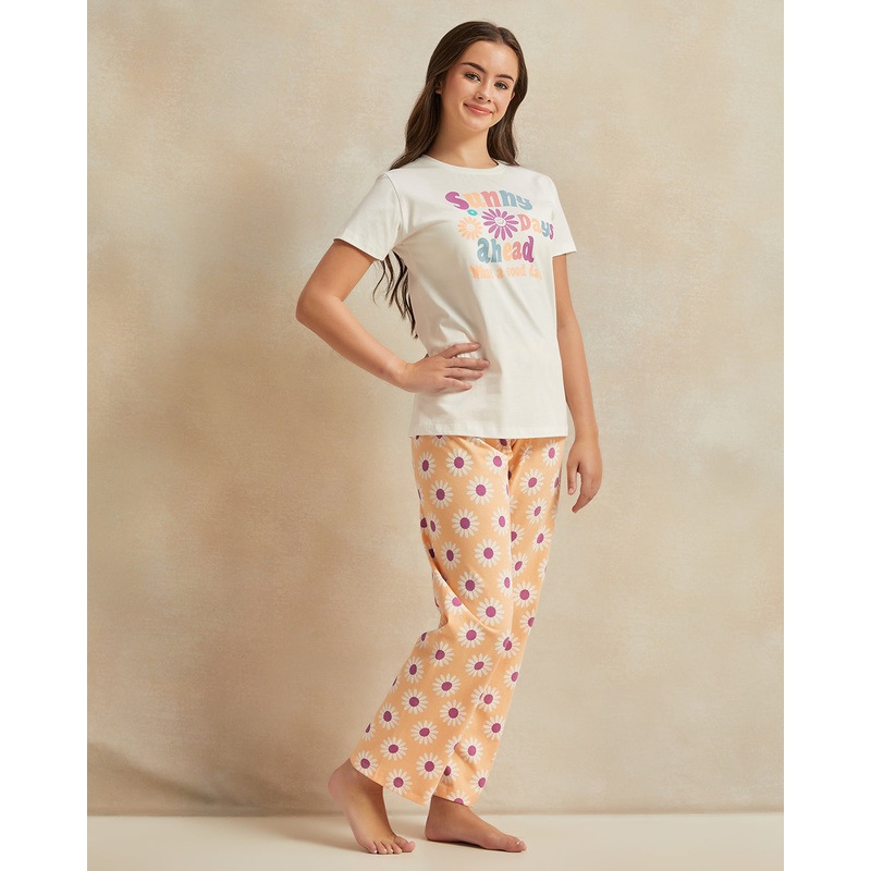 Senior Girls White And Orange Floral Print Pyjama Set (2 Piece)