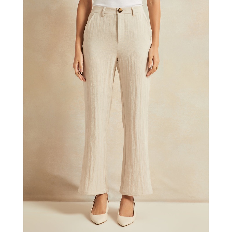 Women Beige Linen Blend Trousers