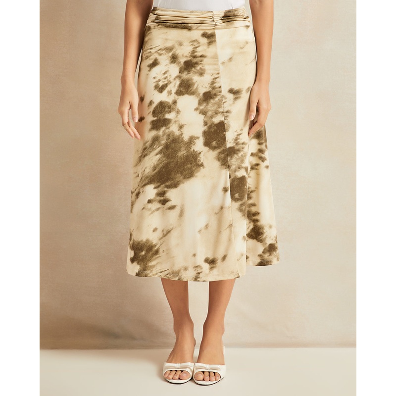 Women Beige Ruched Waist Flared Skirt