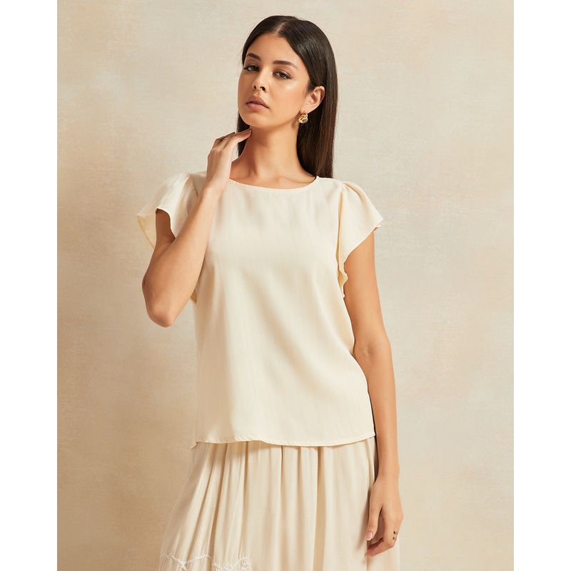 Women Beige Ruffle Sleeve Detailed Blouse