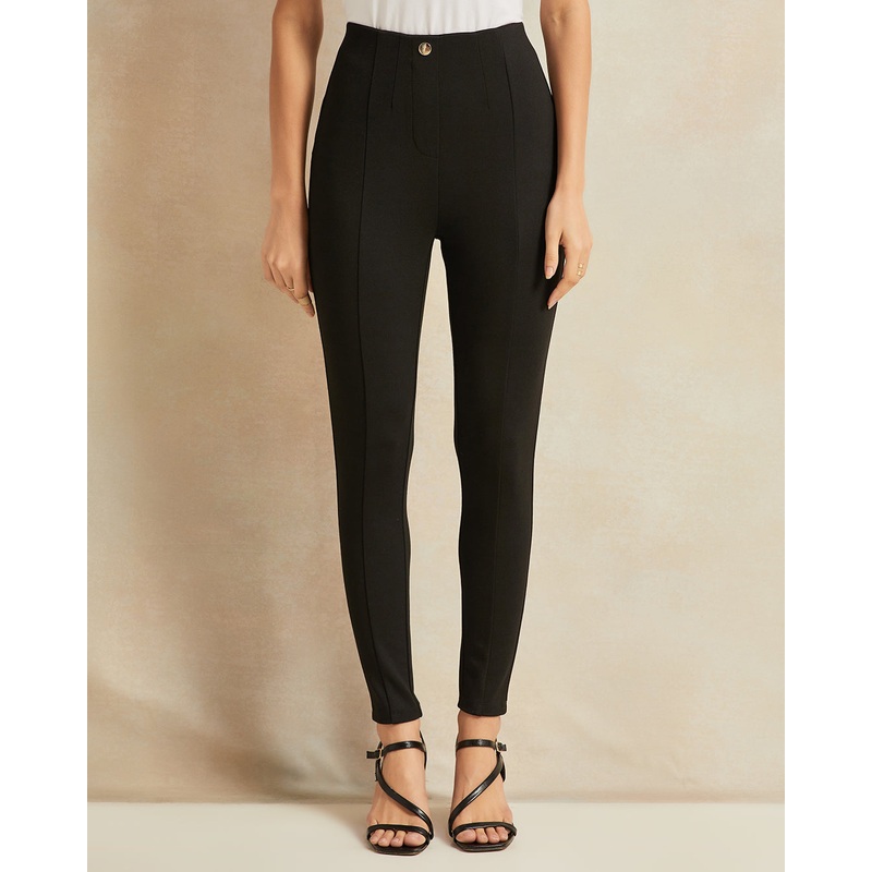 Women Black Gold Button Detailed Leggings