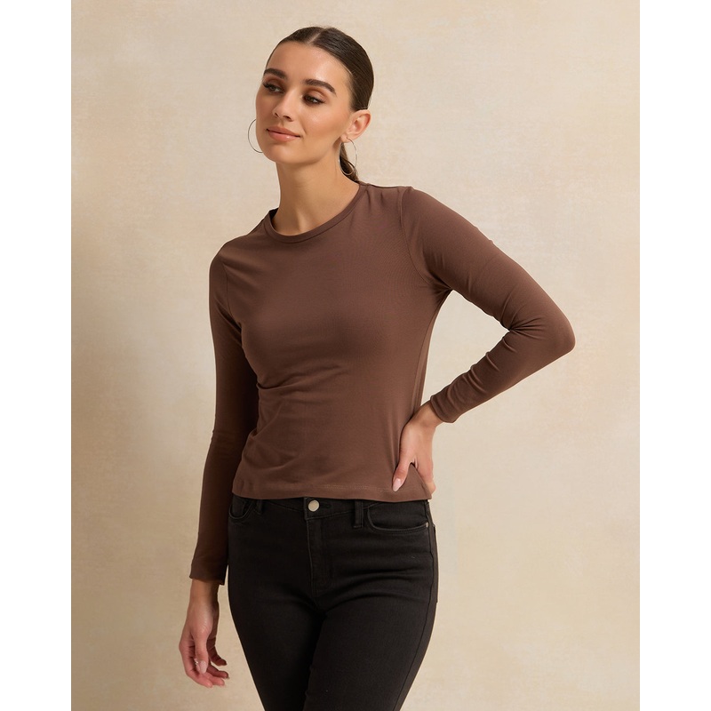 Women Brown Crew Neck Basic T-Shirt