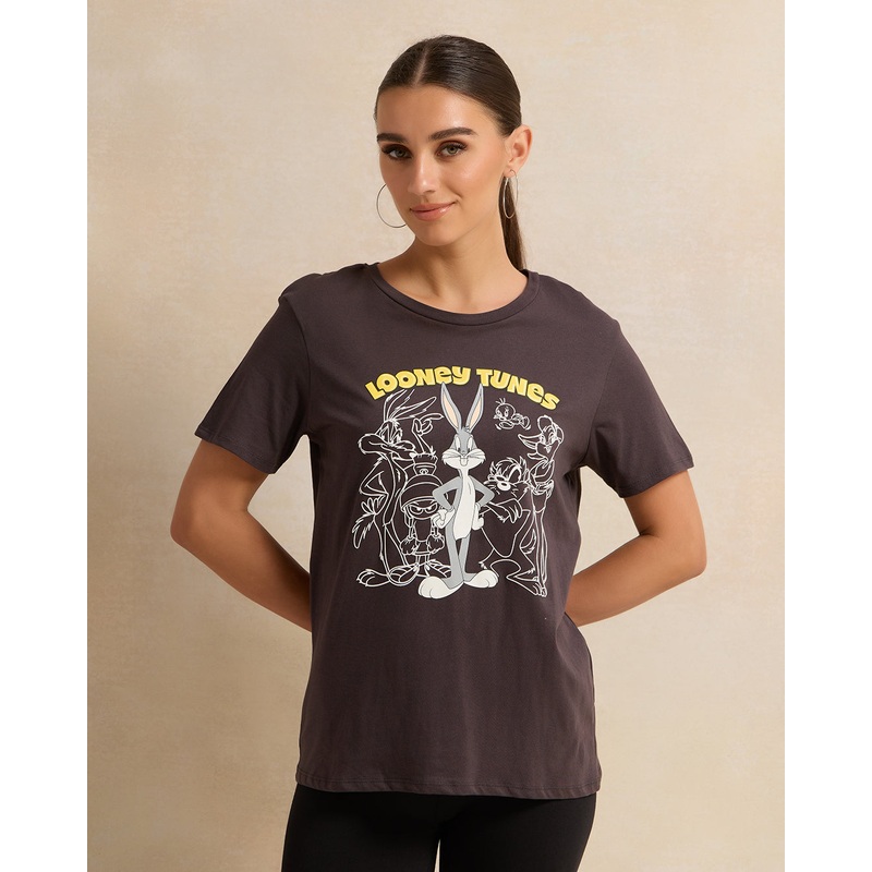 Women Charcoal Looney Tunes Printed T-Shirt
