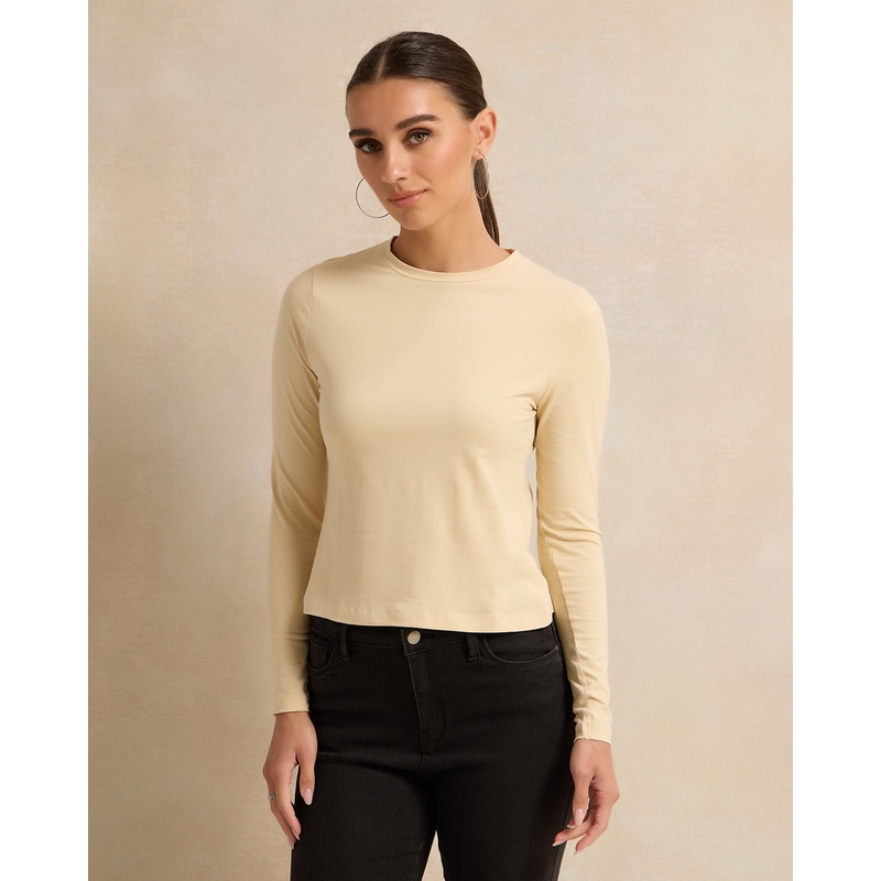 Women Cream Crew Neck Basic T-Shirt