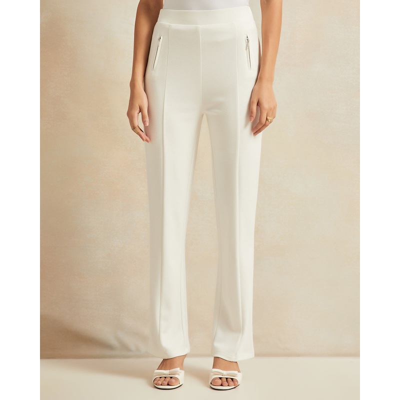 Women Ivory Zipper Pocket Straight Leg Leggings