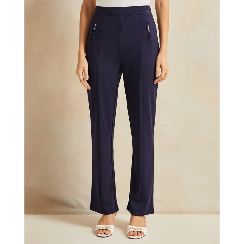 Women Navy Zipper Pocket Straight Leg Leggings