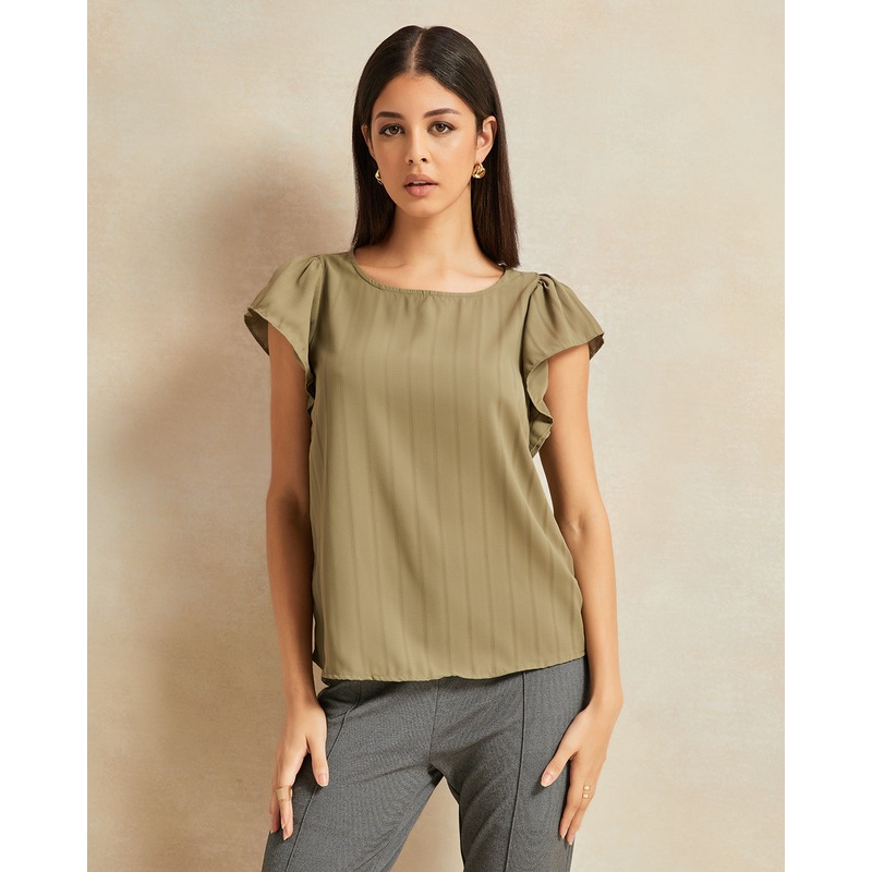 Women Olive Ruffle Sleeve Detailed Blouse