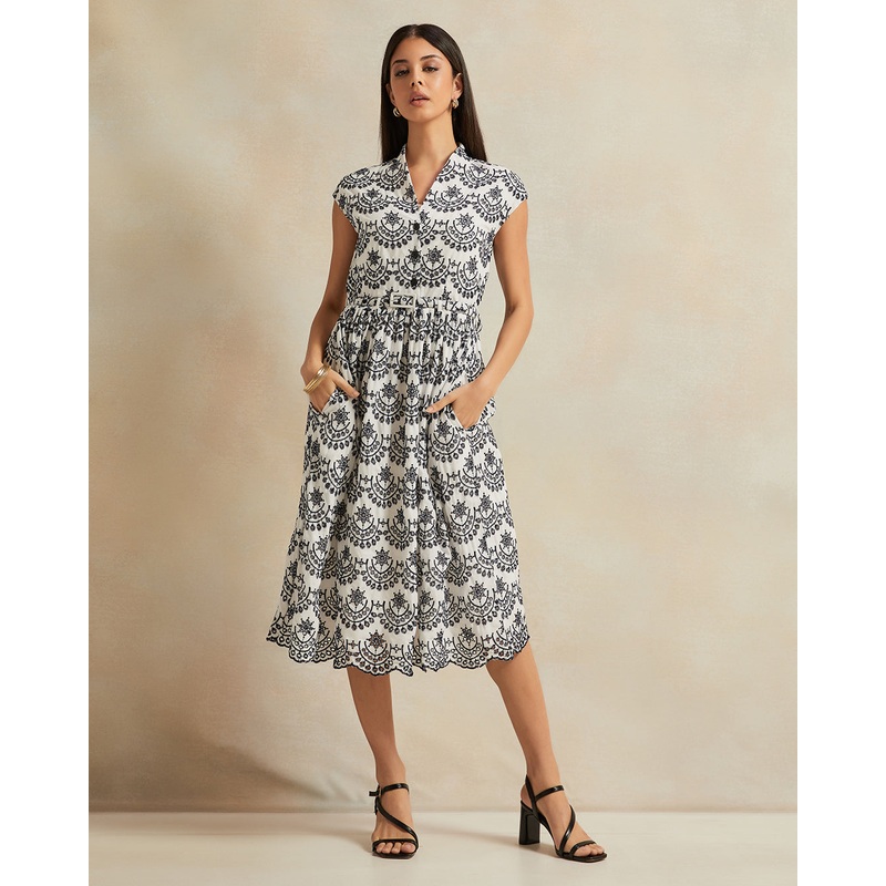 Women White Allover Belted Maxi Dress