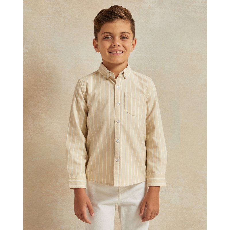 Boys Beige Striped Oxford Shirt