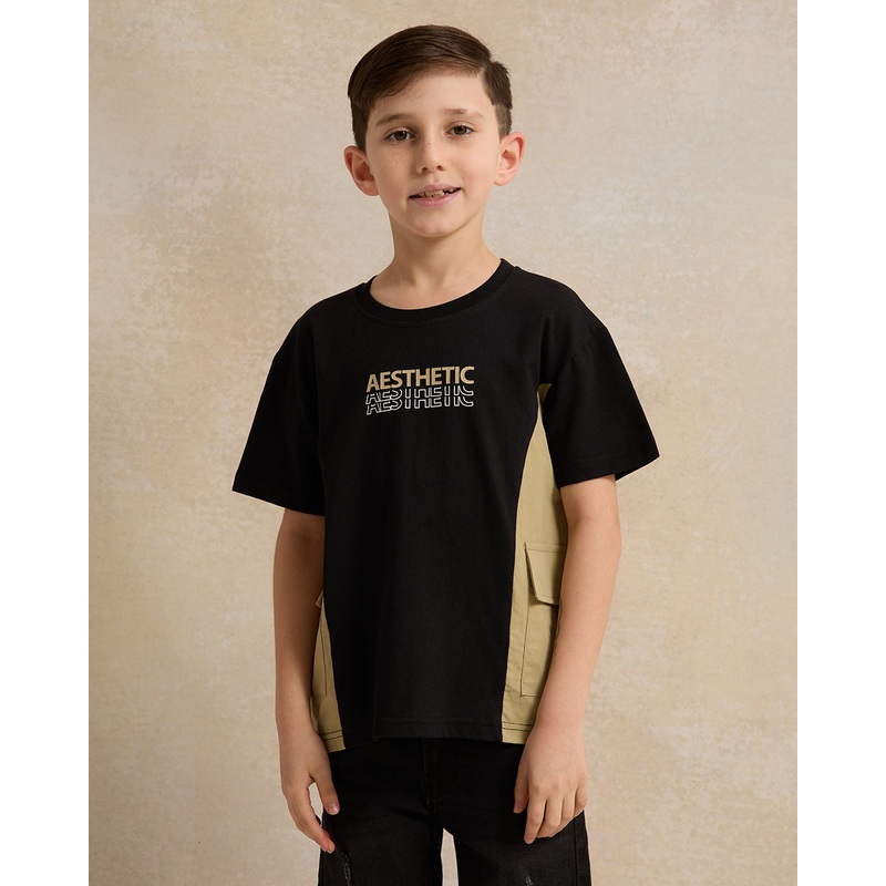 Boys Black And Beige Printed T-Shirt