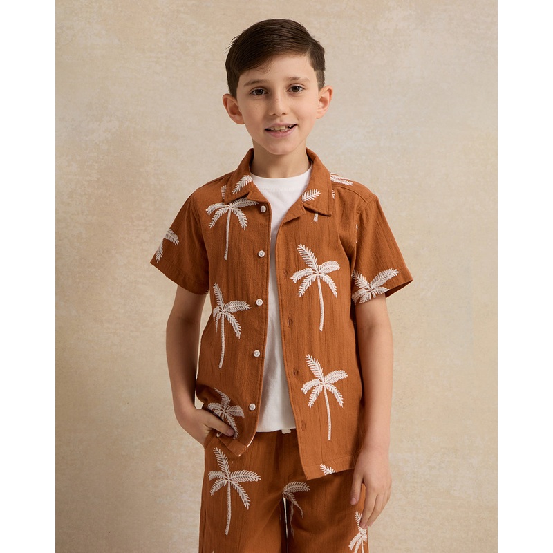 Boys Brown And White Palm Printed Shirt With T-Shirt (2 Piece)