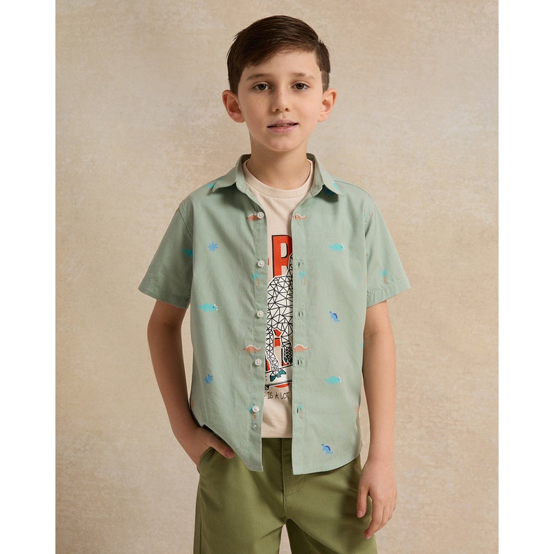 Boys Green And Beige Animal Shirt And T-Shirt (2 Piece)