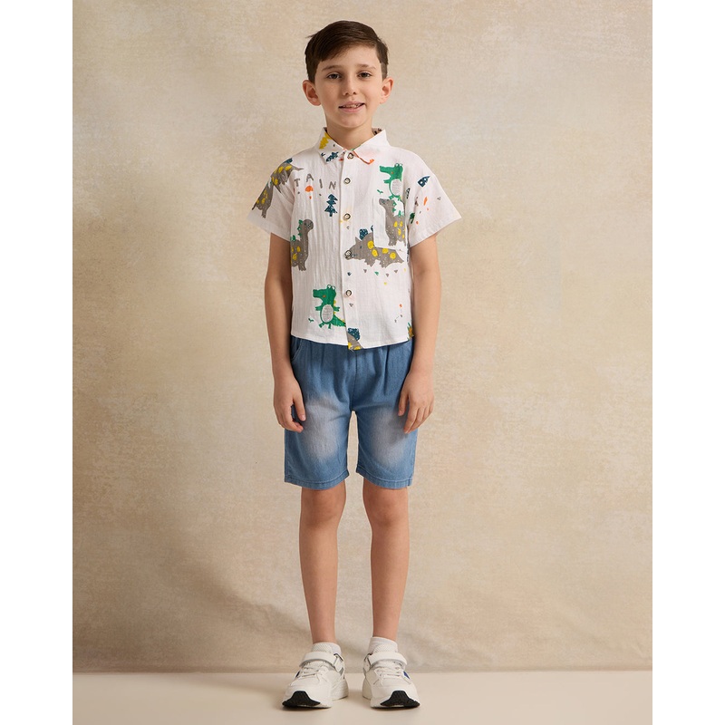 Boys White Shirt With Shorts Set (2 Piece)