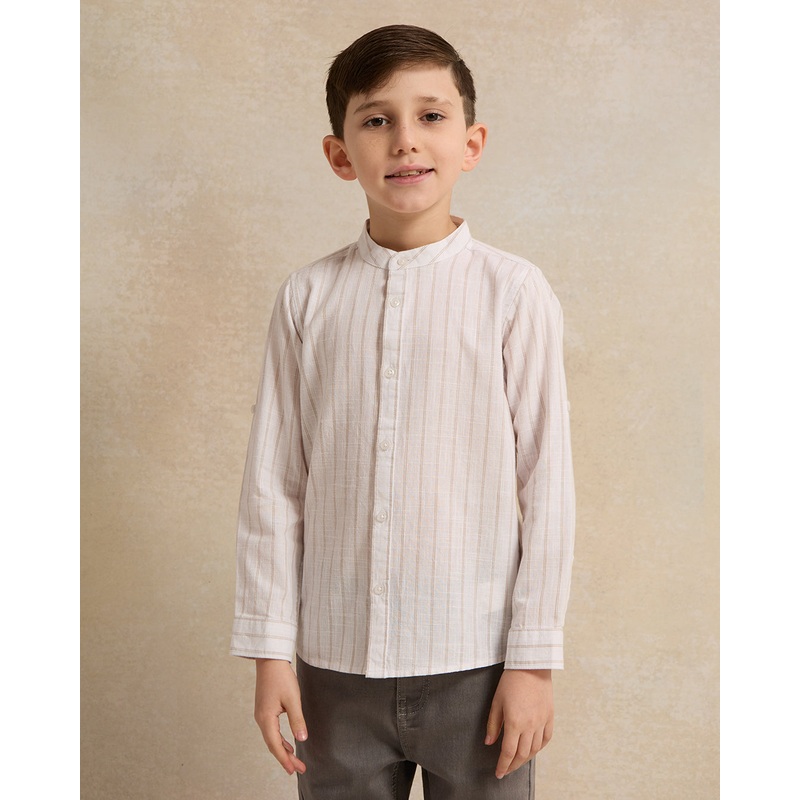 Boys White Striped Mandarin Collar Shirt