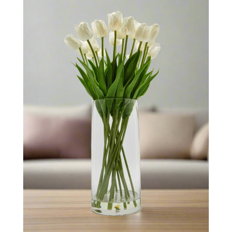 Clear Artificial Tulips Flower In Glass Vase