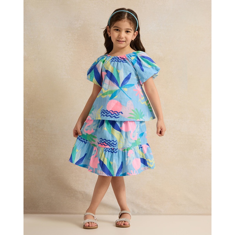 Girls Blue Allover Print Blousse And Skirt Set (2 Piece)