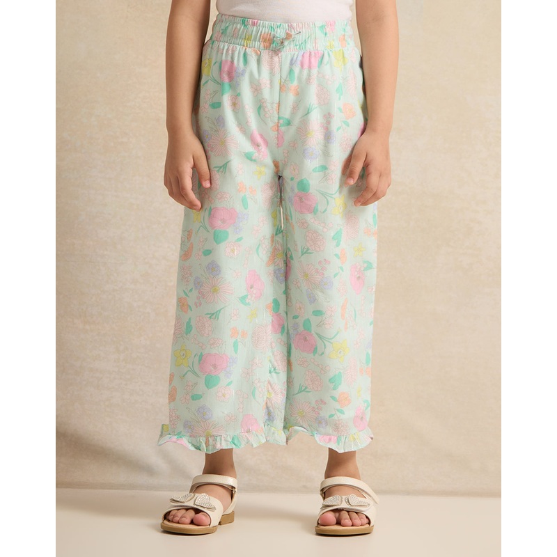 Girls Blue Floral Printed Casual Trousers