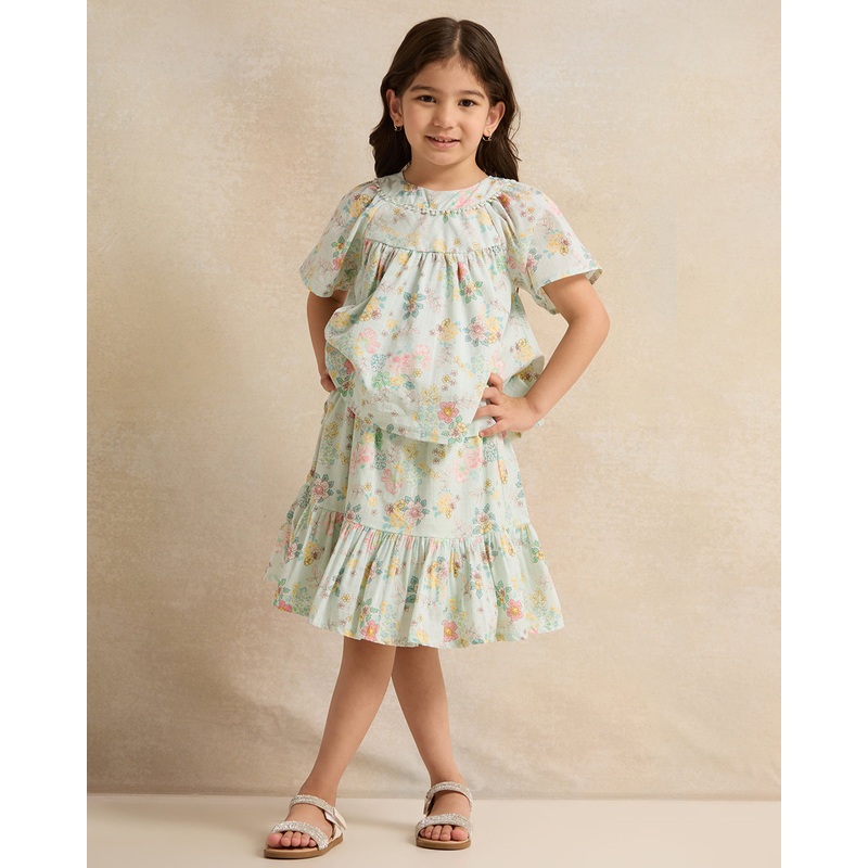 Girls Green Allover Print Blouse And Skirt Set (2 Piece)