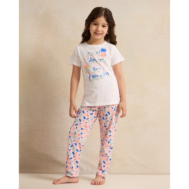 Girls White And Pink Printed Pyjama Set (2 Piece)