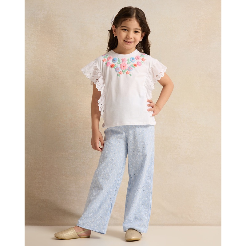 Girls White Embroidered Blouse And Blue Trousers Set (2 Piece)