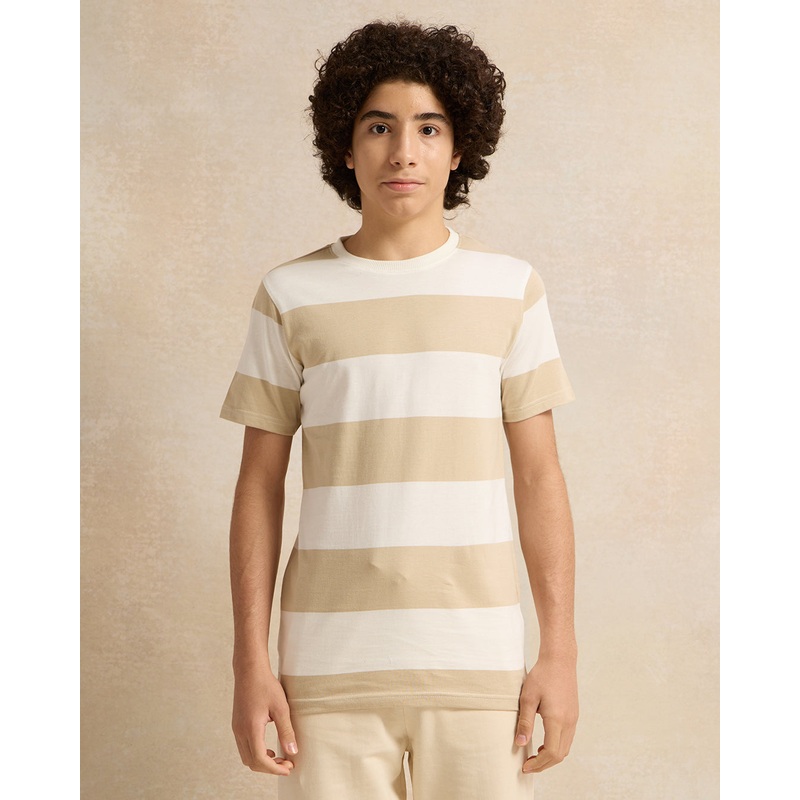 Senior Boys Beige Striped T-Shirt
