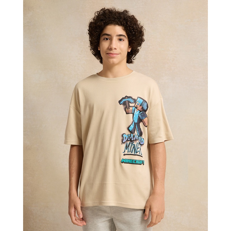 Senior Boys Beige Walking Oversize Minecraft T-Shirt