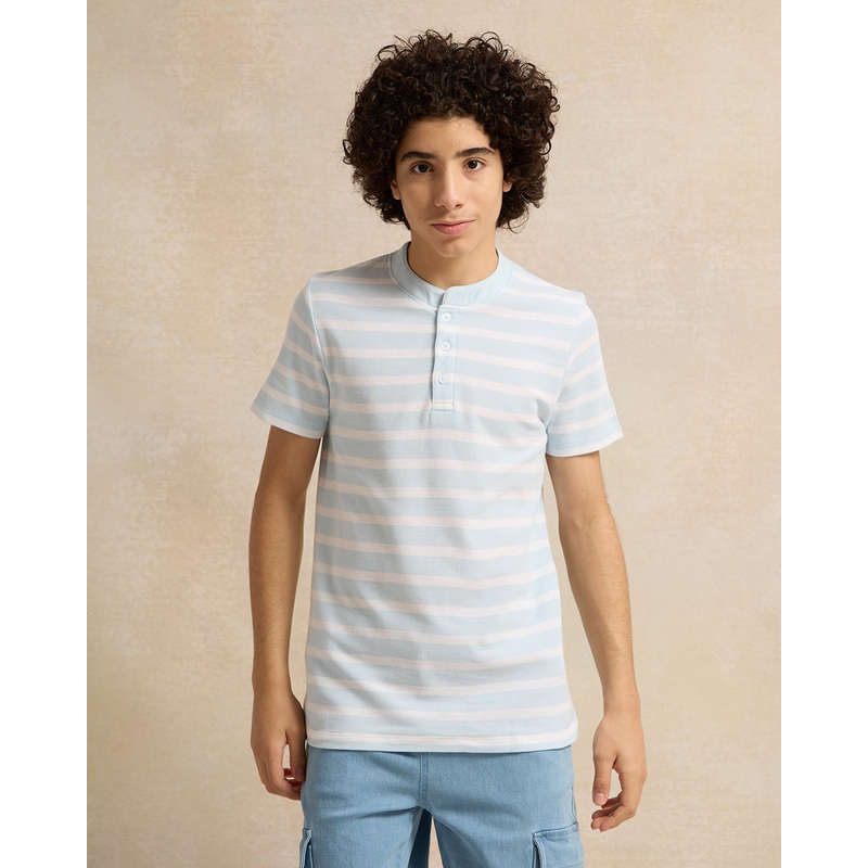 Senior Boys Blue Striped Mandarin Collar Polo Shirt