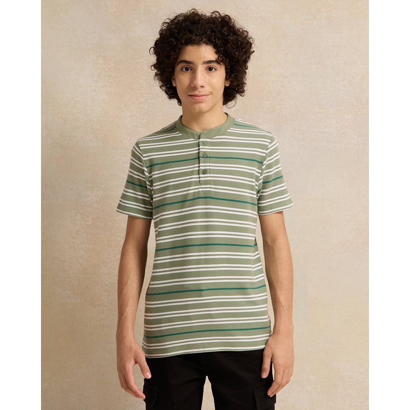 Senior Boys Green Striped Mandarin Collar Polo Shirt