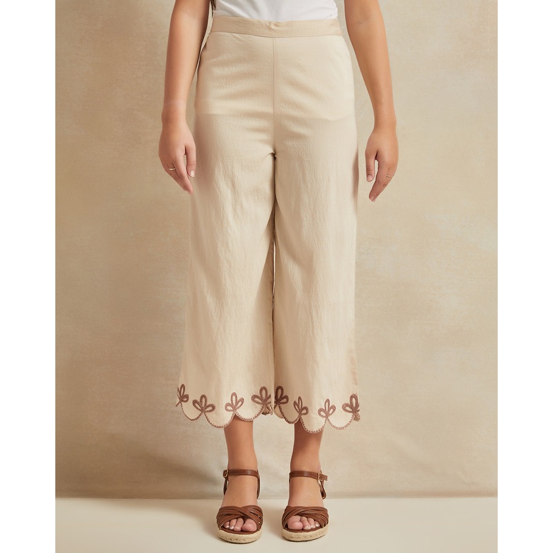 Senior Girls Beige Embroidered Culottes