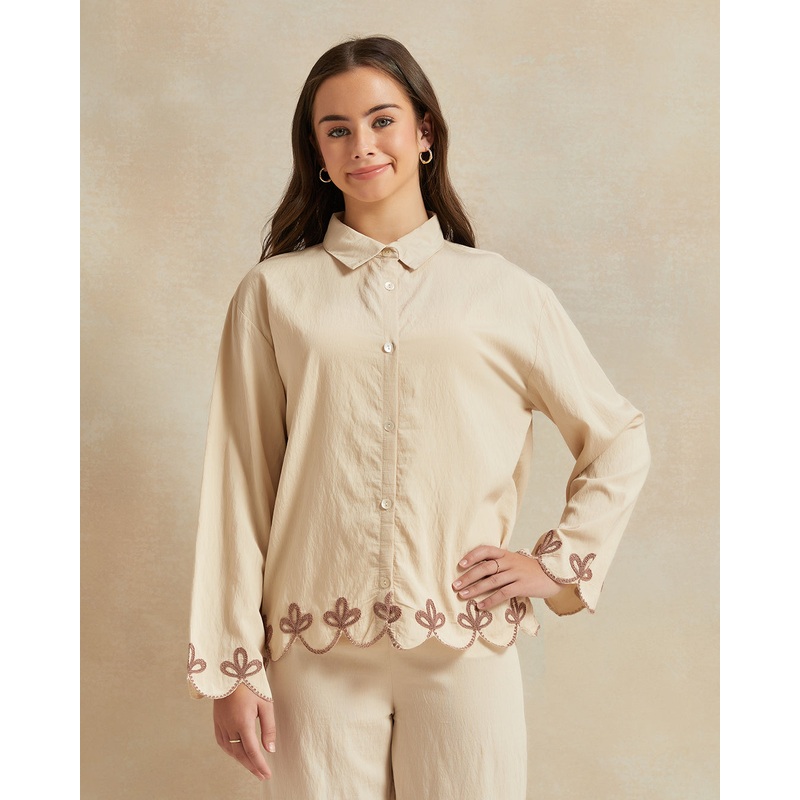 Senior Girls Beige Embroidered Shirt
