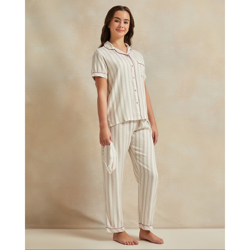 Senior Girls Grey And Pink Striped Pyjama Set With Eye Mask (3 Piece)