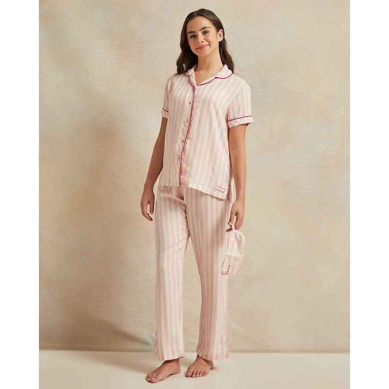 Senior Girls Pink Striped Pyjama Set With Eye Mask (3 Piece)