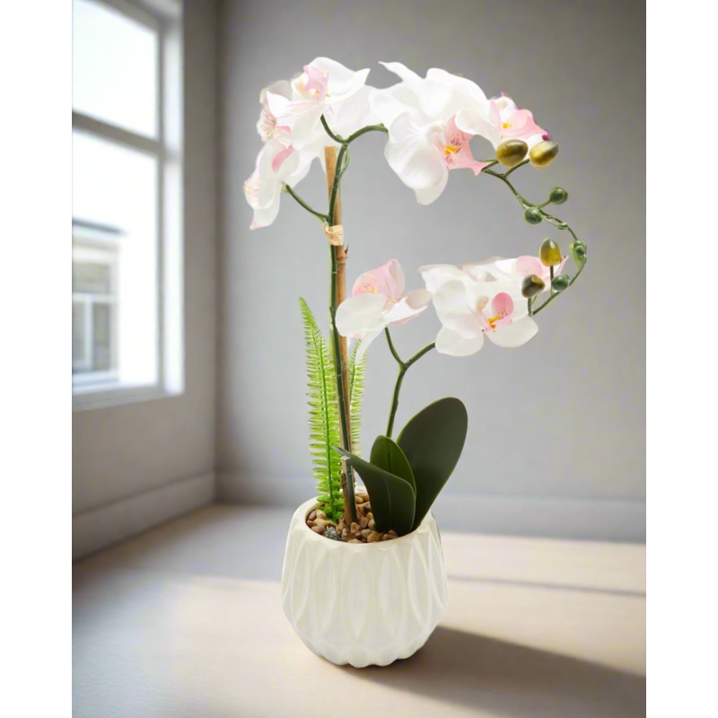 White Artificial Flower In Ceramic Vase