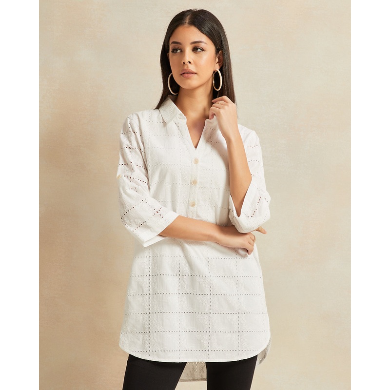 Women Ivory Embellished Cotton Shirt