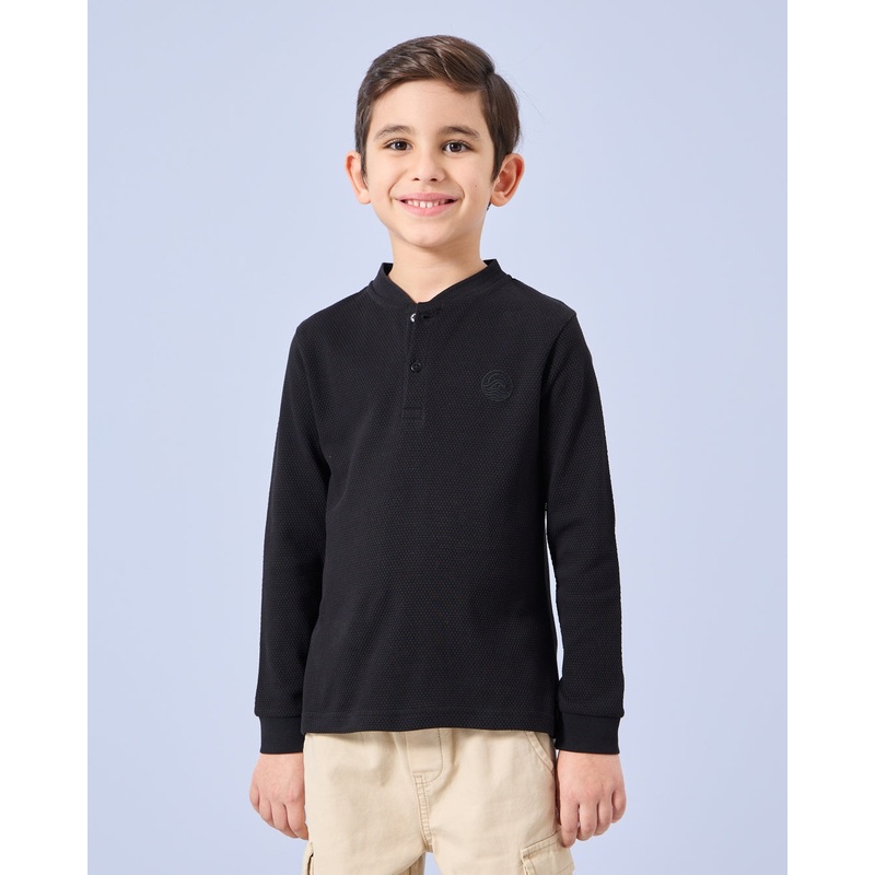 Boys Black Jacquard Henley T-Shirt