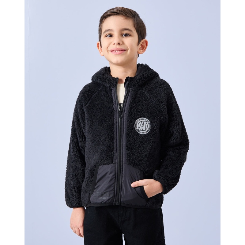 Boys Black Teddy Fur Hooded Sweatshirt