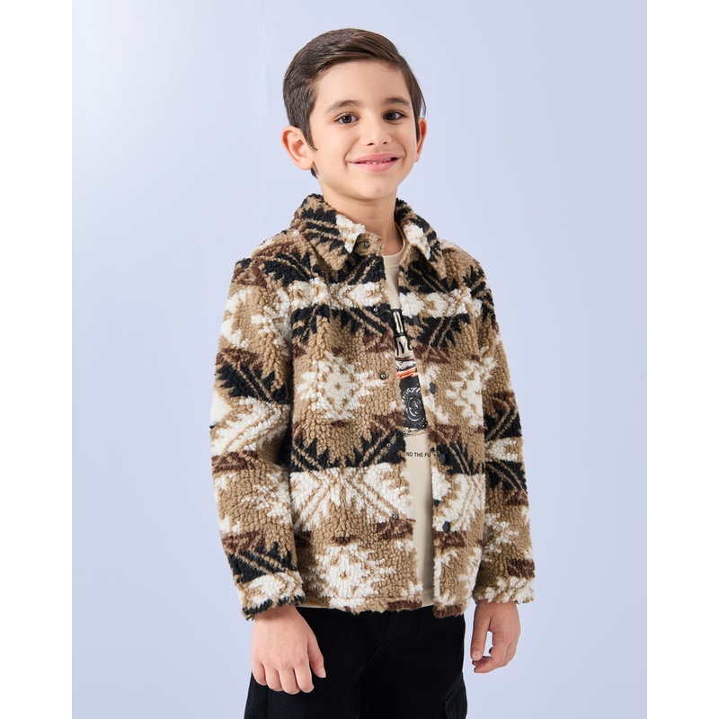 Boys Brown Teddy Fur Front Open Sweatshirt