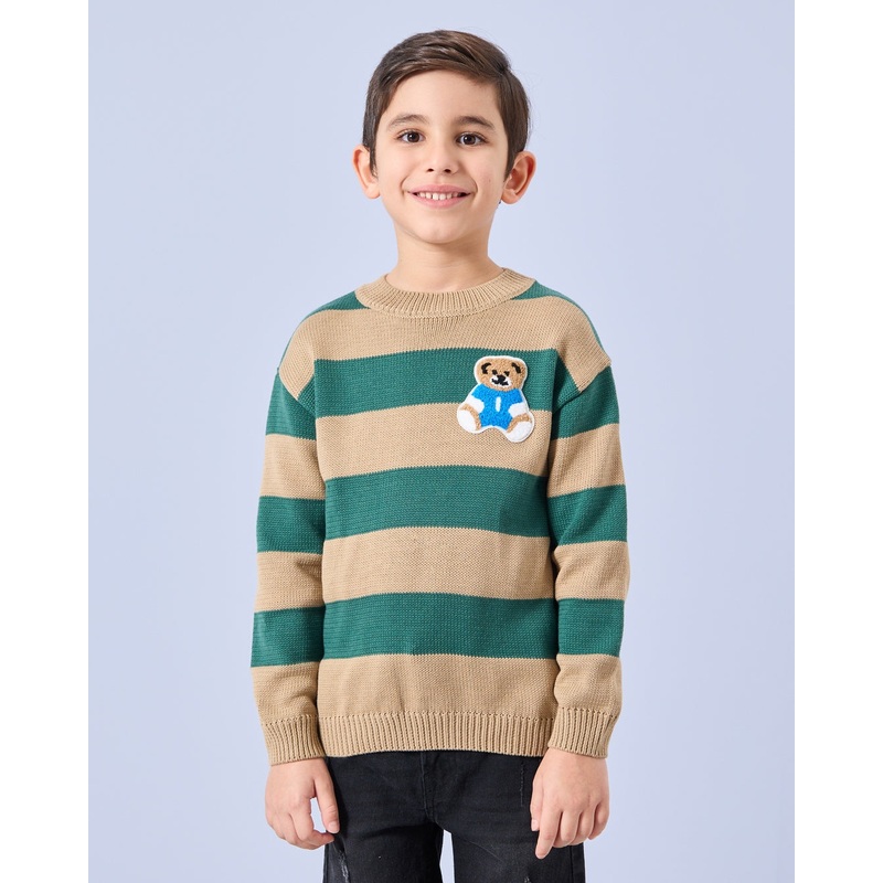 Boys Green & Brown Striped With Teddy Embroidery Pullover