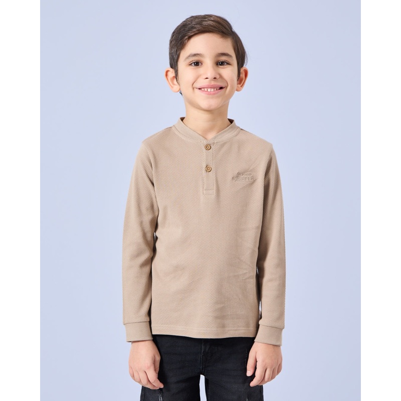 Boys Tan Jacquard Henley T-Shirt